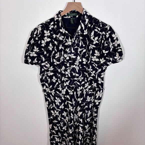 Lauren Ralph Lauren Silk Navy Floral Ruffle Short Sleeve Midi Dress Size 16 - Picture 3 of 12